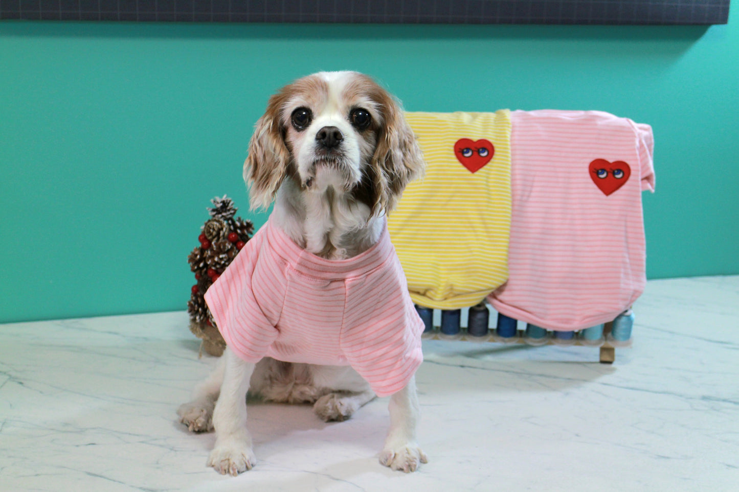 Striped Dog T-shirt with Heart Patch ♥ | Yellow & Pink